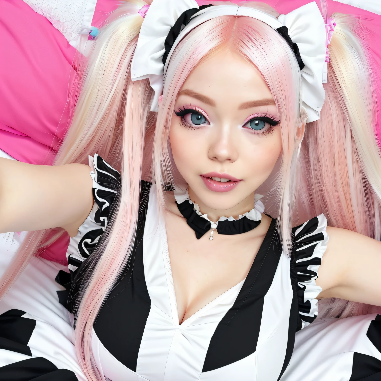 Pink haired woman in a white and black outfit laying on a bed, belle delphine, ahegao, anime vibes, ahegao face, anime barbie in white stockings, shikamimi, webcam footage, highly realistic. live cam, y 2 k cutecore clowncore, pink twintail hair and cyan eyes, blonde hair and large eyes, low quality video