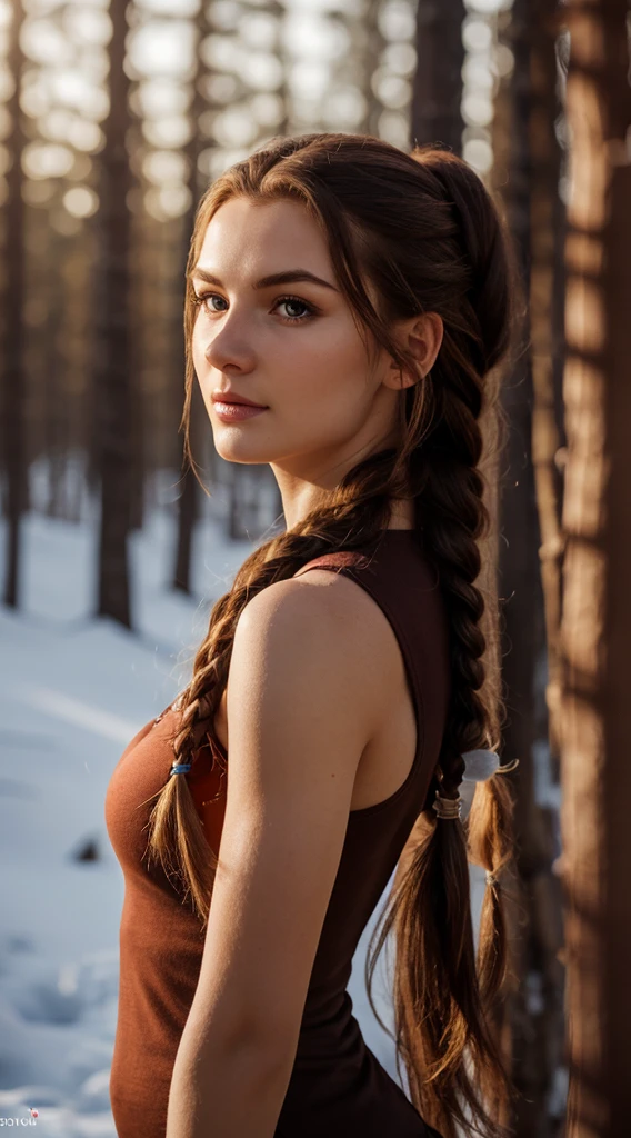 RAW, professional photograph, medium shot, photorealistic, realistic lights, realistic shadows, hyper-realistic, ray tracing, super detail, UHD, 8k, female, twenty years old, athletic body, soft facial features, long braided hair, viking hairstyle, straight hair, crimson hair, crimson eyes, viking clothing, forest in winter