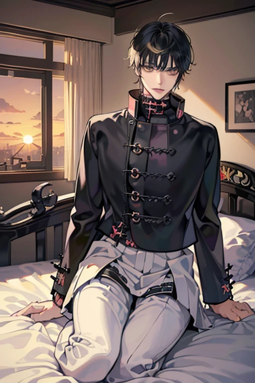 1 Boy, dark hair, (Gakuran:1.5), (white shirt), black slacks, on sheets, Long Sleeve Shirts, Fascinating, evil smile,(parted lips),collarbone, Low angle, sunset,{open collar}, tsurime, Yellow eyes, (background: on bed in bedroom), high quality, high resolution, masterpiece,