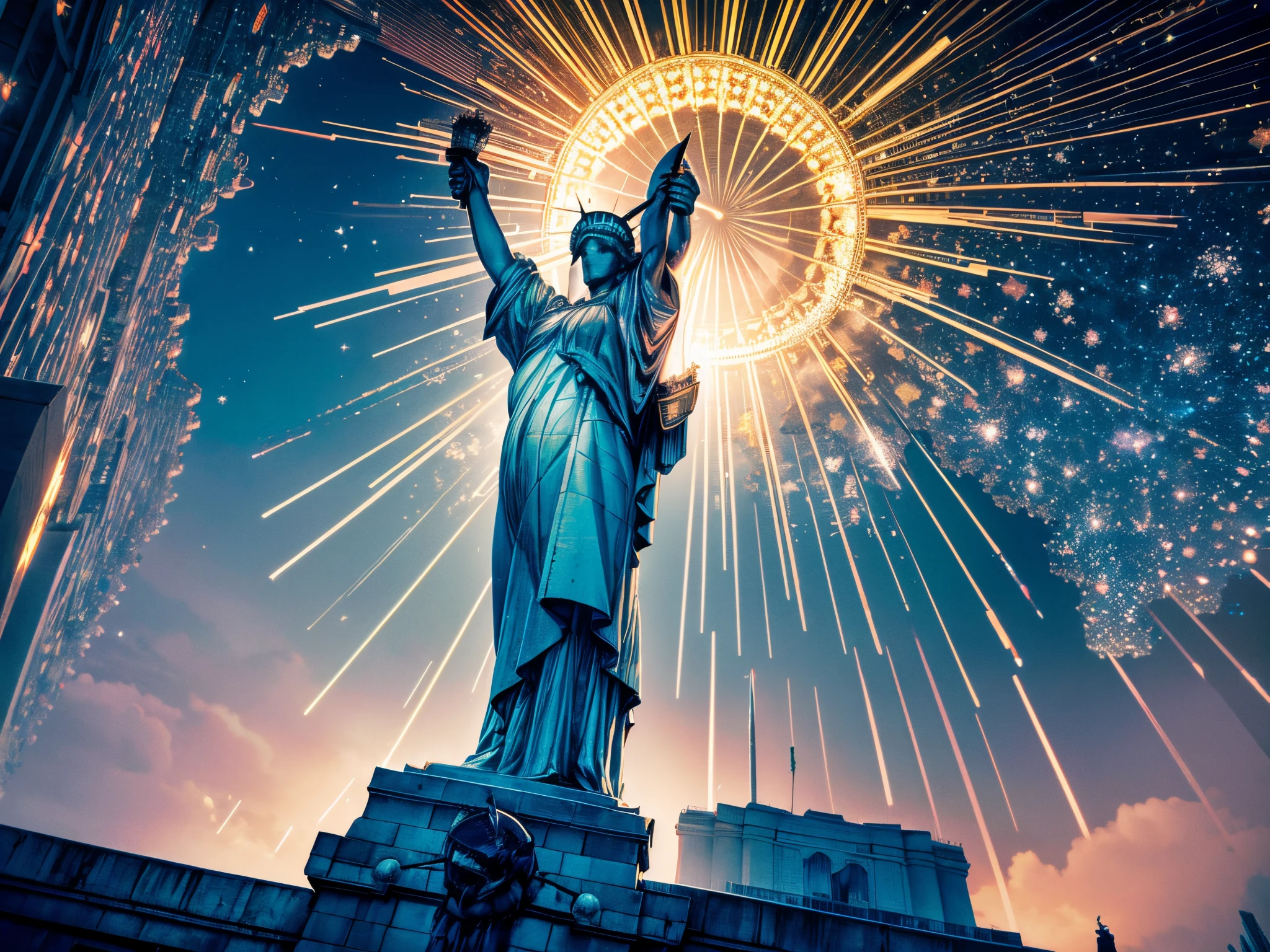 Craft an iconic view of the Statue of Liberty surrounded by fractal lights, symbolizing the enduring beacon of freedom on Independence Day.