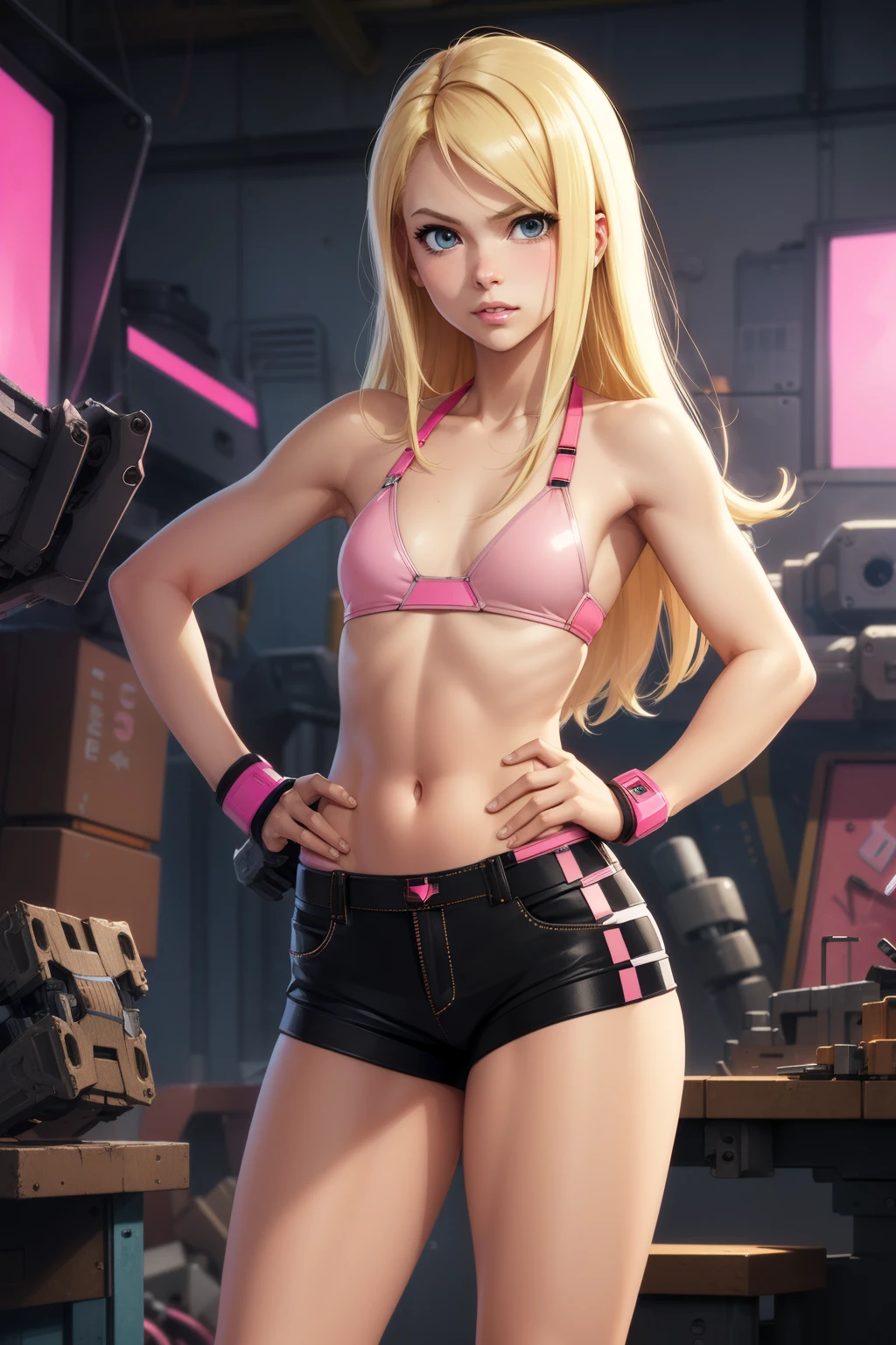 GameGirl , (blonde pixecut) with pink streak highlights, 80's anime style, (flat chest), thighs, hips, small waist, giant robot machine shop, biker shorts, she is fixing broken giant robot with tools, bikini top, dynamic range