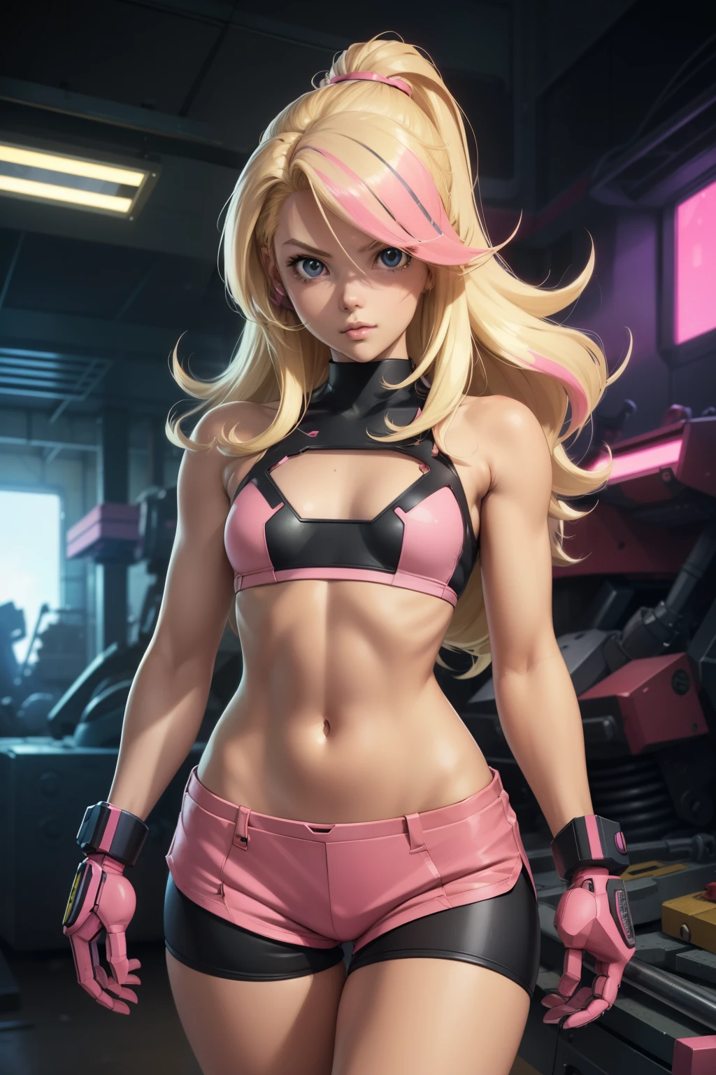 GameGirl , (blonde pixecut) with pink streak highlights, 80's anime style, (flat chest),  thighs, hips, small waist, giant robot machine shop, biker shorts, she is fixing broken giant robot with tools, bikini top, dynamic range