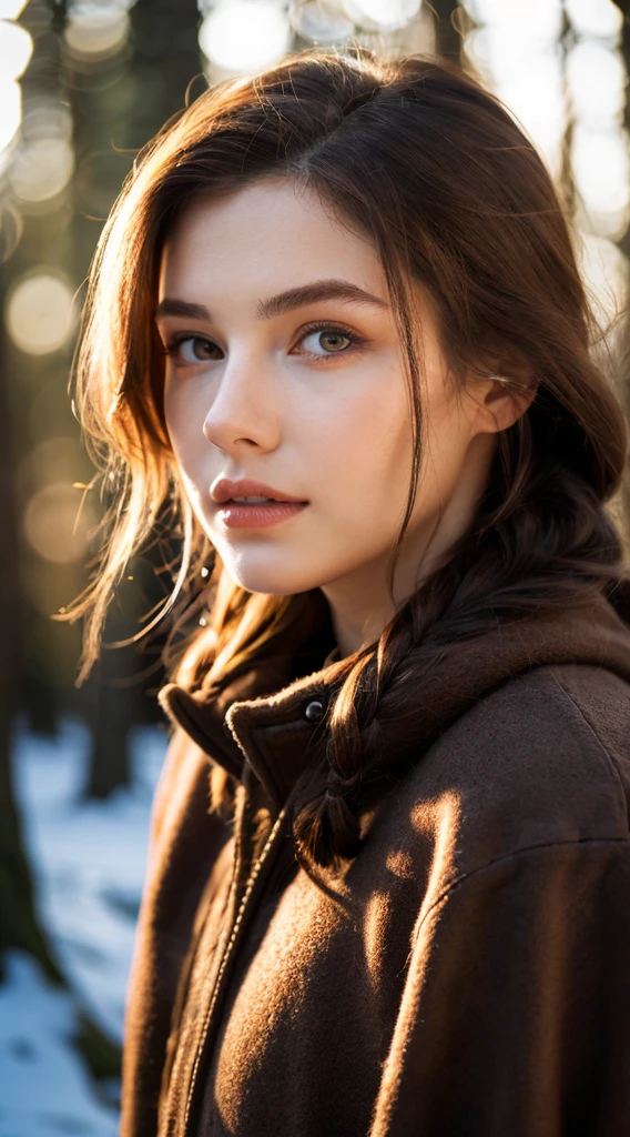 RAW, professional photograph, medium shot, photorealistic, realistic lights, realistic shadows, hyper-realistic, ray tracing, super detail, UHD, 8k, female, twenty years old, athletic body, soft facial features, long braided hair, viking hairstyle, straight hair, crimson hair, crimson eyes, viking clothing, forest in winter