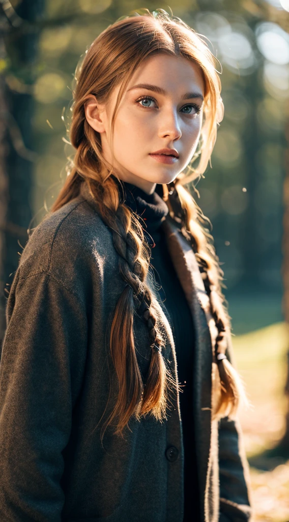 RAW, professional photograph, medium shot, photorealistic, realistic lights, realistic shadows, hyper-realistic, ray tracing, super detail, UHD, 8k, female, twenty years old, athletic body, soft facial features, long braided hair, viking hairstyle, straight hair, crimson hair, crimson eyes, viking clothing, forest in winter