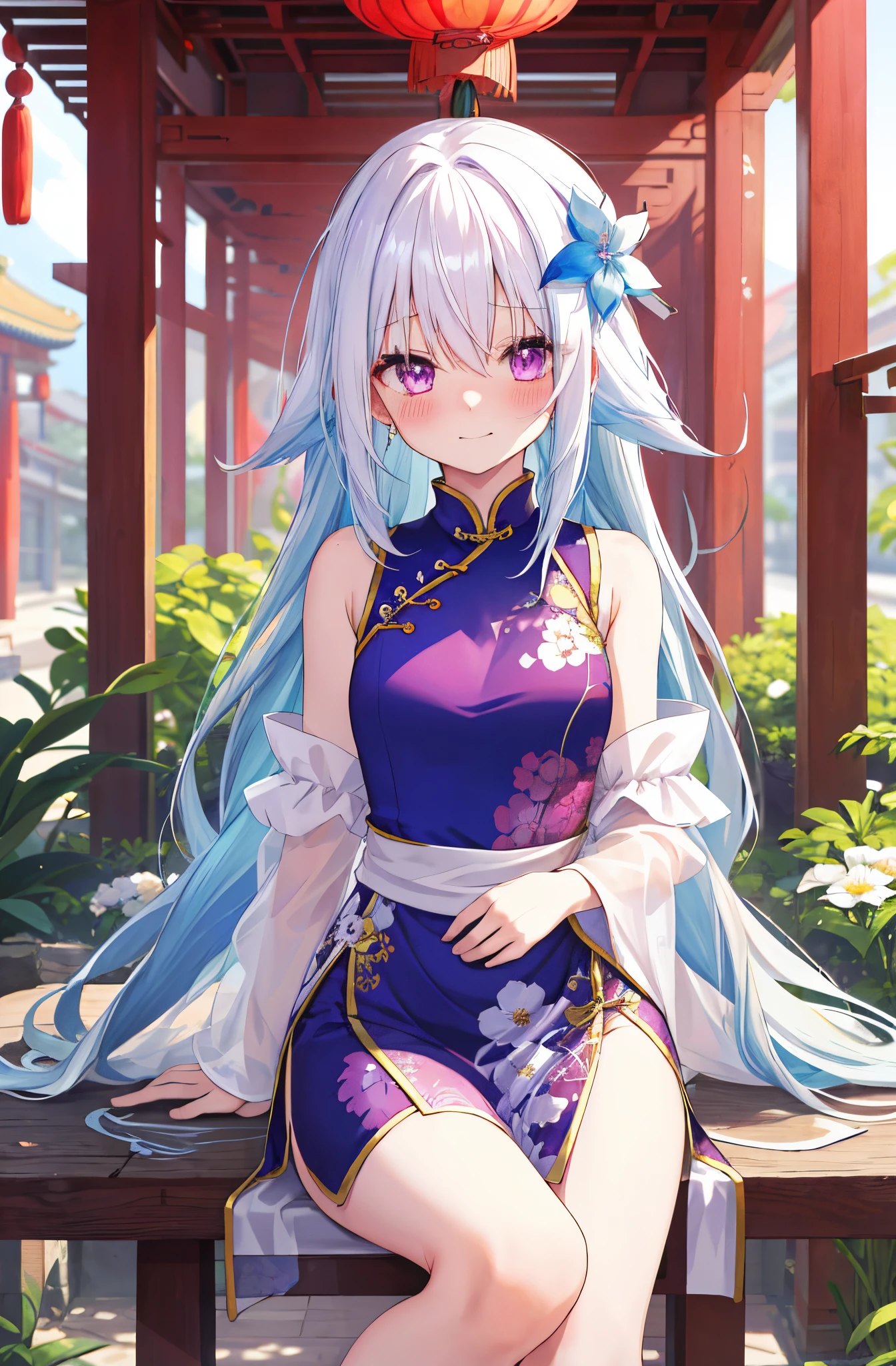 One girl with long hair, white hair, (blue inner hair:1.25) , purple eyes, looking at viewer, blushing, embarrassed, little smile, (embarrassed:1.2), chinese dress, flower pattern, sleeveless, outdoor, festival, temple, slim, dizzy, mid-chest, wide hips, perfect waist, day atmosphere, hair ornament, bare legs, sitting, kneeling pose