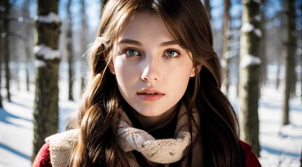 RAW, professional photograph, medium shot, photorealistic, realistic lights, realistic shadows, hyper-realistic, ray tracing, super detail, UHD, 8k, female, twenty years old, athletic body, soft facial features, long braided hair, viking hairstyle, straight hair, crimson hair, crimson eyes, viking clothing, forest in winter