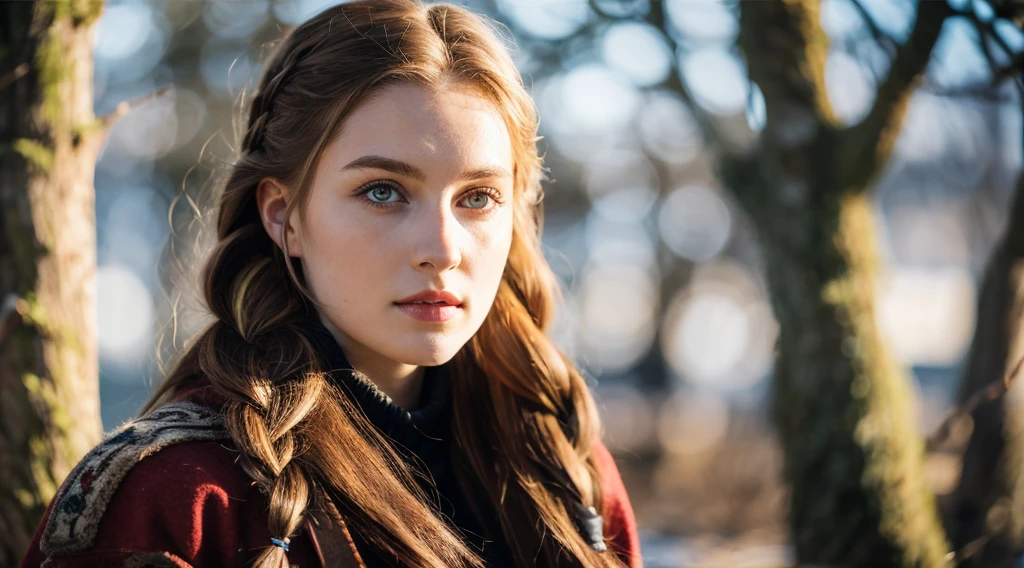 RAW, professional photograph, medium shot, photorealistic, realistic lights, realistic shadows, hyper-realistic, ray tracing, super detail, UHD, 8k, female, twenty years old, athletic body, soft facial features, long braided hair, viking hairstyle, straight hair, crimson hair, crimson eyes, viking clothing, forest in winter