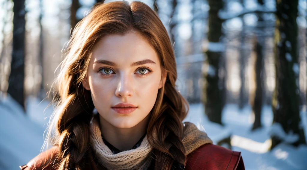 RAW, professional photograph, medium shot, photorealistic, realistic lights, realistic shadows, hyper-realistic, ray tracing, super detail, UHD, 8k, female, twenty years old, athletic body, soft facial features, long braided hair, viking hairstyle, straight hair, crimson hair, crimson eyes, viking clothing, forest in winter