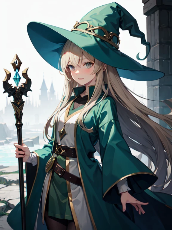 Dark blonde long hair, Witch hat, grey eyes, shy mouth, grey mage robe, green vest, green skirt, lether belt, staff