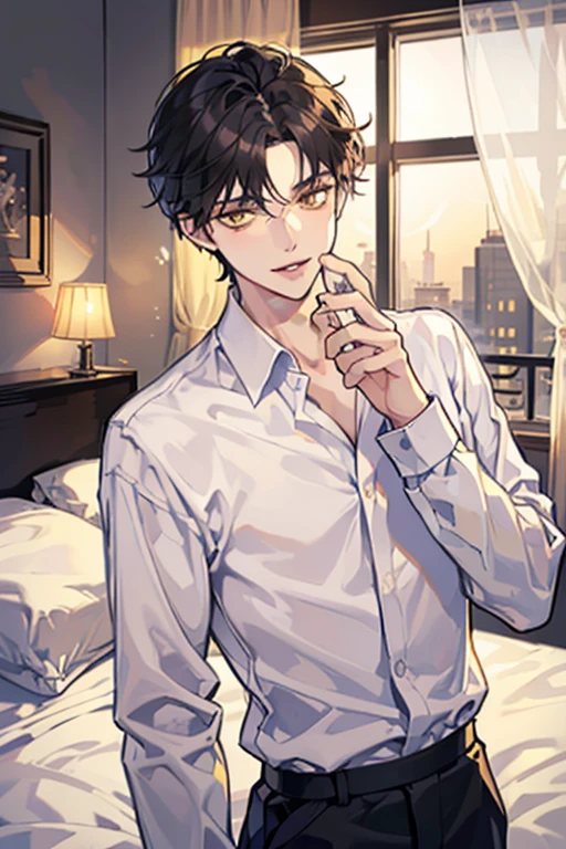 1 Boy, dark hair,(white shirt), black slacks, on sheets, Long Sleeve Shirts, Fascinating, evil smile,(parted lips),collarbone, (shoot from below), sunset,(open collar), tsurime, Yellow eyes, (background: on bed in bedroom), high quality, high resolution, masterpiece,