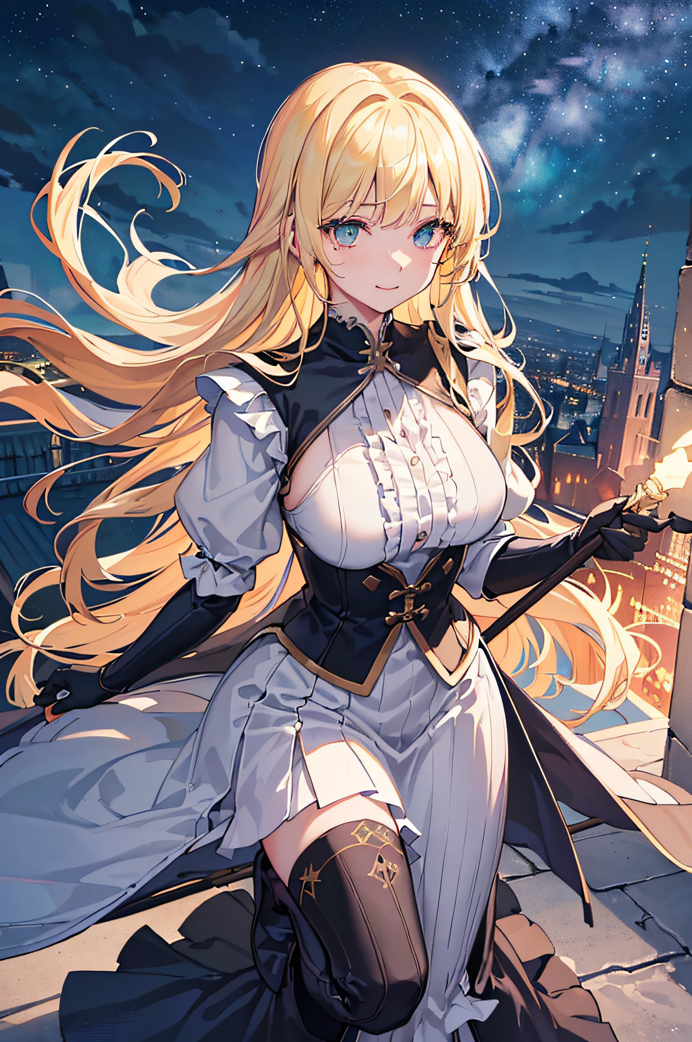 (Official art、Best Quality、Unity 8k Wallpapers、32K、​masterpiece、ultra-detailliert、超A high resolution、realisitic、Photorealsitic:1.2)、(Cinematic lighting:1.2)、Fireglow effect、film grains、Best Shadows、Rim lighting、side lights、sideshot、(Ultra-detailed and complex 3D rendering)、Detailed beautiful face and eyes、Sharp pupils、Realistic pupils、A slender、１Woman、Medium bust、(Upper body:1.2)、 Highly detailed background、beauitful face、16-year-old beautiful girl、(super detailed skin、detailed skin textures:1.3)、(Half Blonde、Colorful hair:1.3)、Blunt bangs、green colored eyes、magical girl costume、A slender、white  shirt、Costumes with frills、frills skirt、knee sox、(thighs thighs thighs thighs:0.8)、Black boots、(Fantastic and beautiful night sky、Medieval city at night、On the roof of the tower:1.4)、(carrying a magical staff:1.3)、(Looking away、overlooking a city:1.3)、Fantastical、Gentle smile、I opened my mouth a little,Furious,Evil smile,From Side,