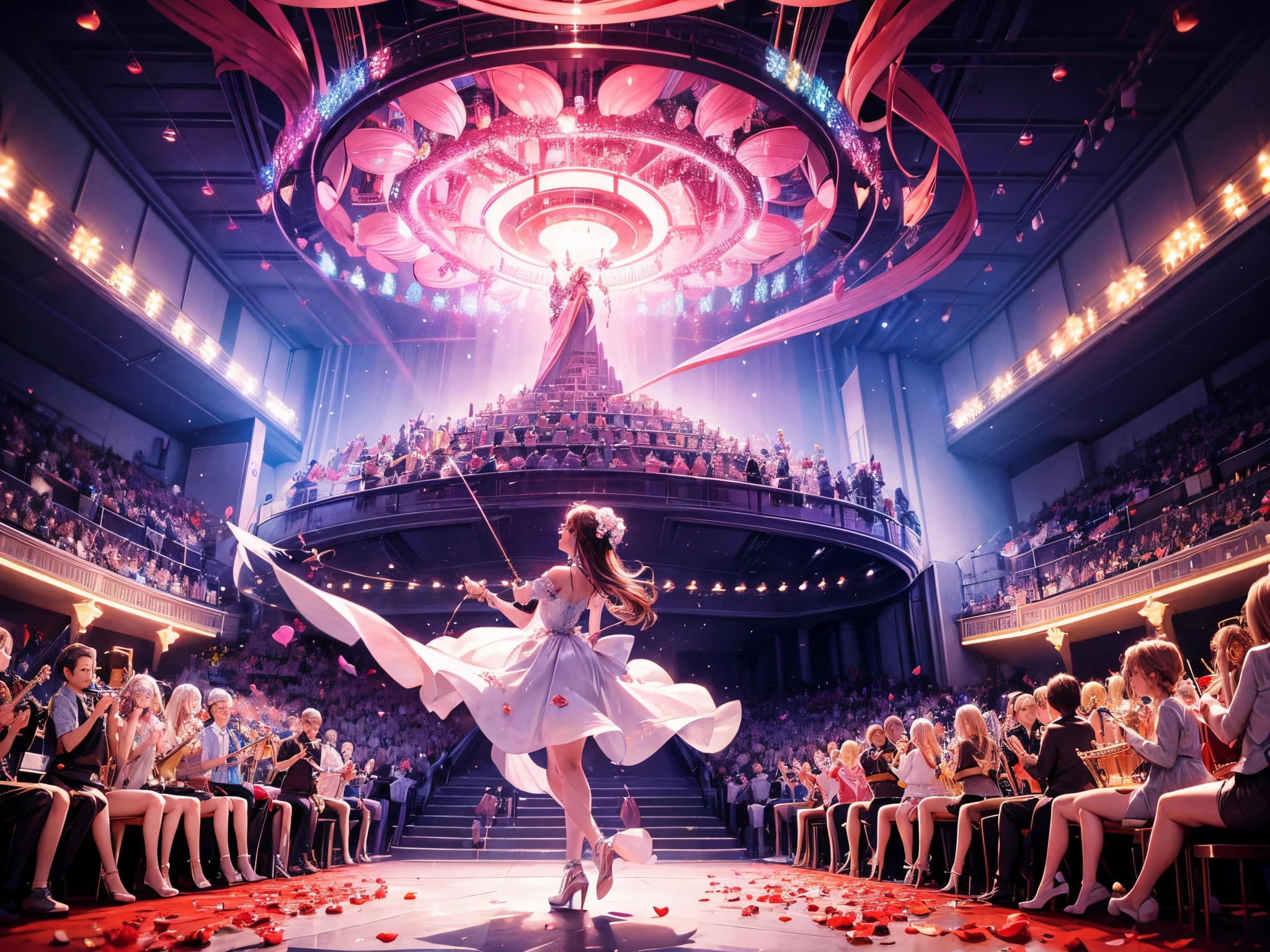 Create a futuristic concert hall where Cupid conducts a symphony of 3D hearts and roses, accompanied by fractal-generated music notes that resonate with the emotions of love.