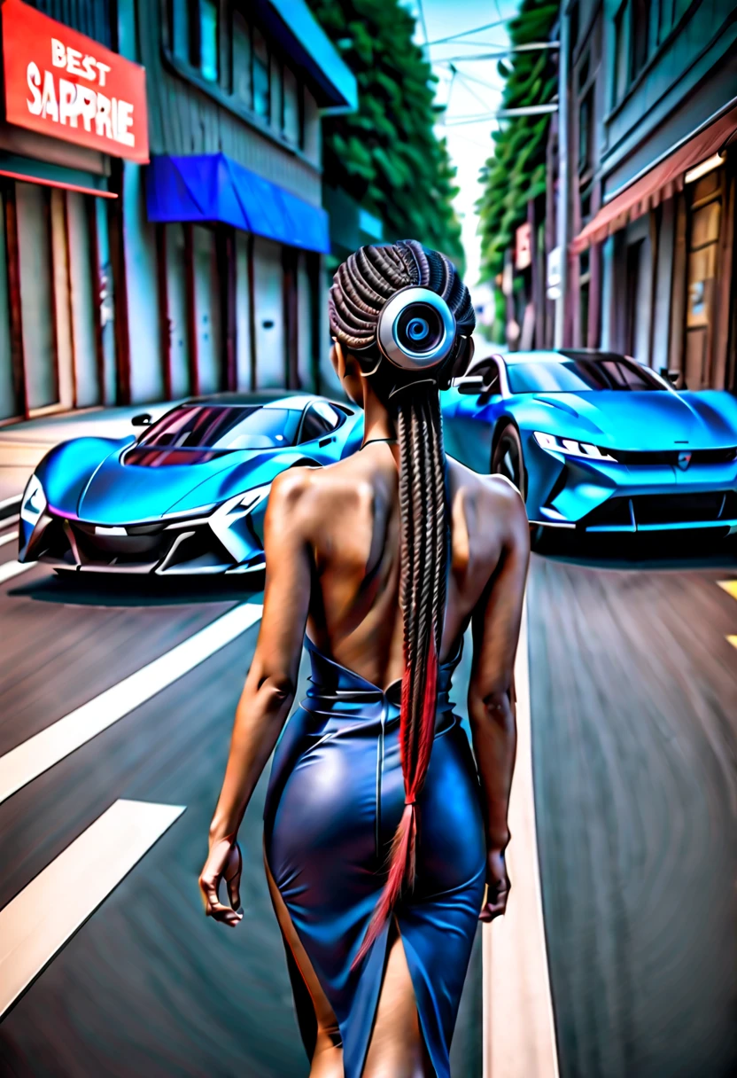 a city street of the future with hover cars and android robots walking on the sidewalk, three beautiful asian or african or latina or native or european woman with long braided black or red or blue streaked hair walking away with her backside revealed, best quality, super detailed, anatomically correct, highres