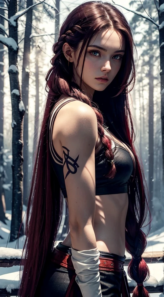 RAW, professional photograph, medium shot, photorealistic, realistic lights, realistic shadows, hyper-realistic, ray tracing, super detail, UHD, 8k, female, twenty years old, athletic body, soft facial features, long braided hair, viking hairstyle, straight hair, crimson hair, crimson eyes, viking clothing, forest in winter