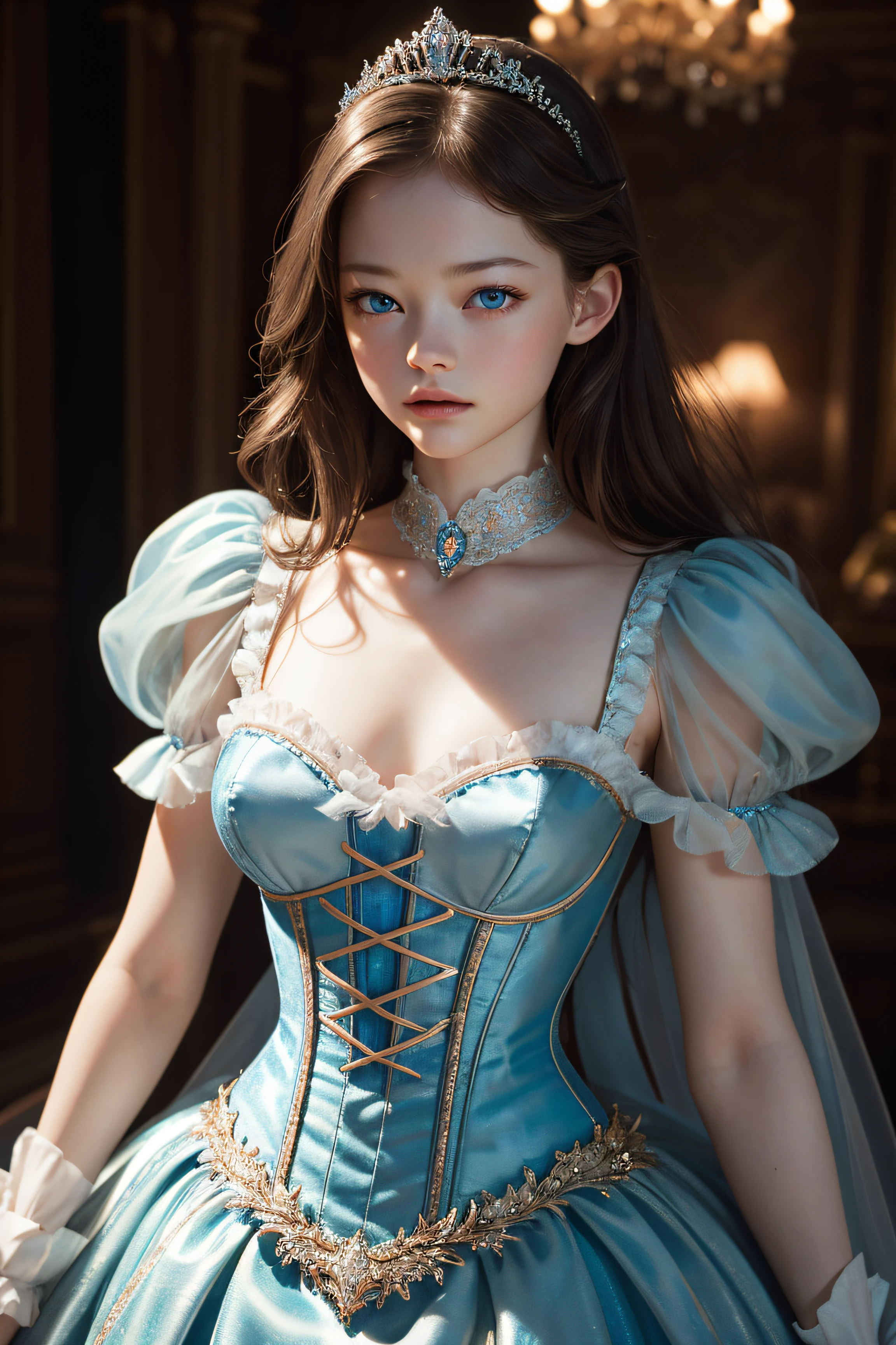 Mackenzie Foy, wearing cinderella tiara corset sexy clothes transparent. professionally retouched, soft lighting, realistic, smooth face, perfect eyes, sharp focus on eyes, 8 k, high definition, insanely detailed, intricate, elegant. in a natural background.