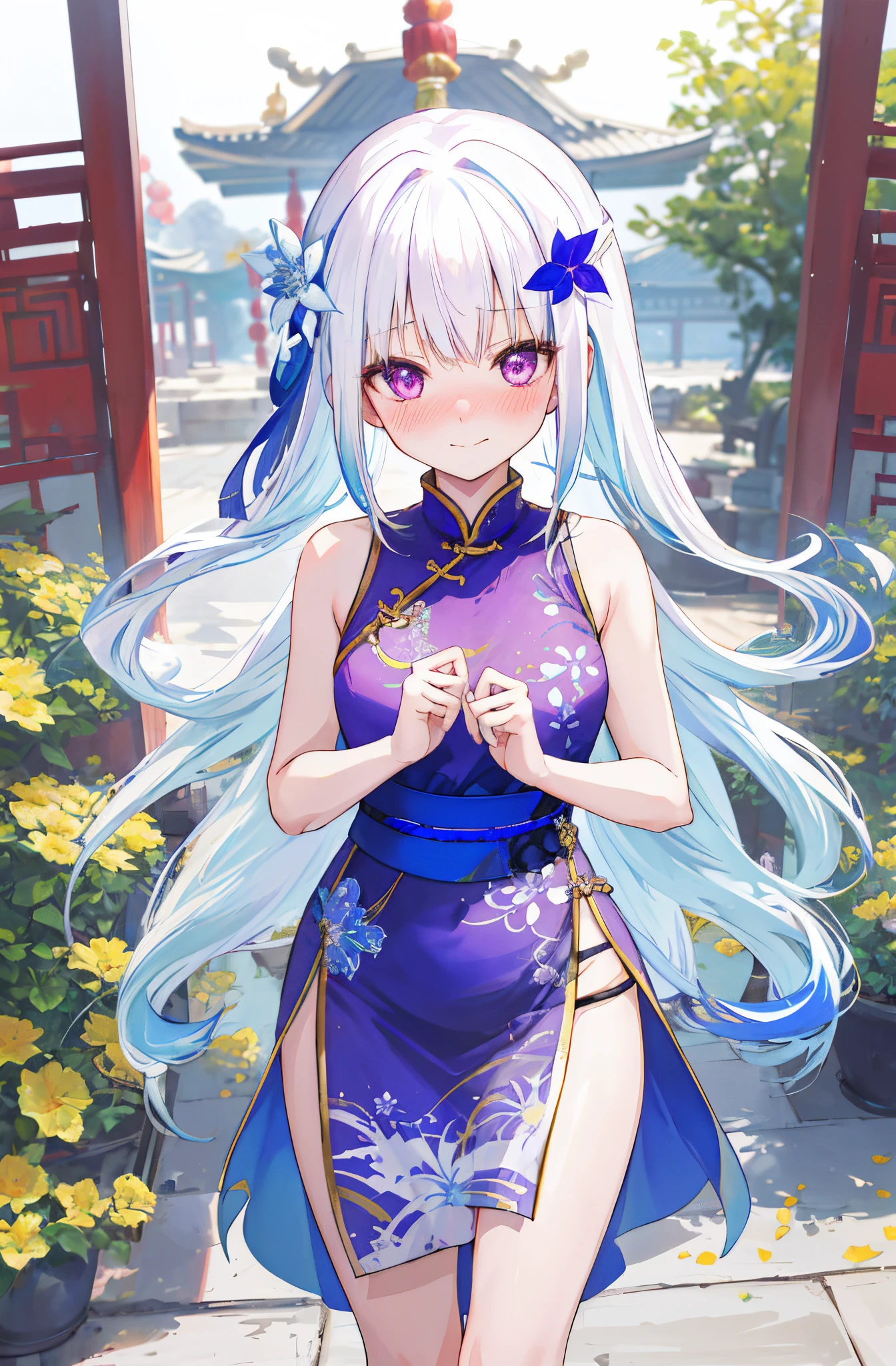 One girl with long hair, white hair, (blue inner hair:1.25) , purple eyes, looking at viewer, blushing, embarrassed, little smile, (embarrassed:1.2), chinese dress, flower pattern, sleeveless, outdoor, festival, temple, slim, dizzy, mid-chest, wide hips, perfect waist, day atmosphere, hair ornament, bare legs