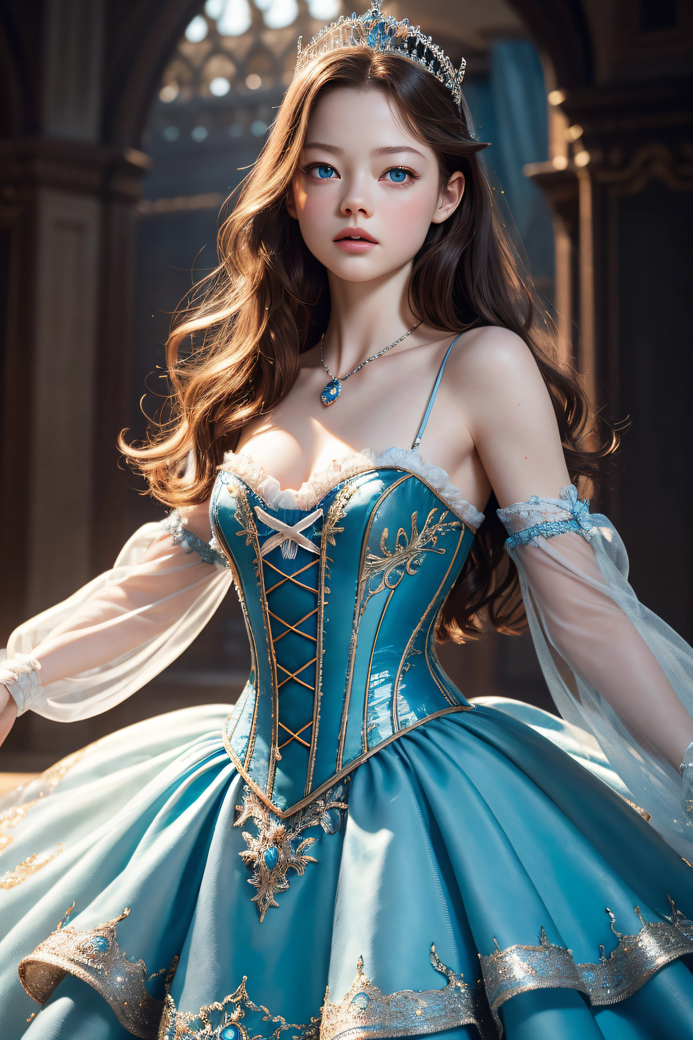 Mackenzie Foy, wearing cinderella tiara corset sexy clothes transparent. professionally retouched, soft lighting, realistic, smooth face, perfect eyes, sharp focus on eyes, 8 k, high definition, insanely detailed, intricate, elegant. in a natural background.