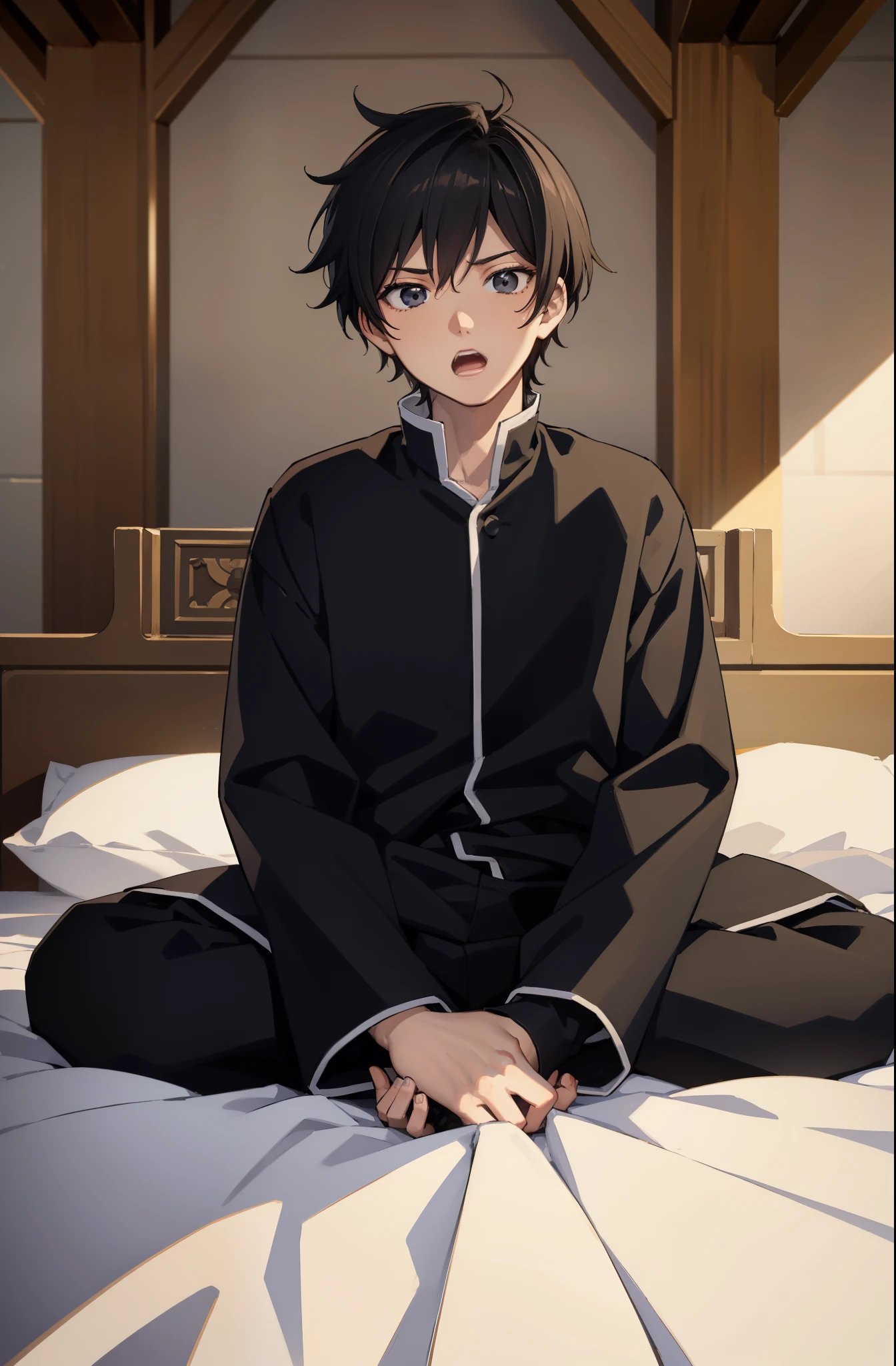 (high quality, ultra detailed), anime character, 16 year old man, medieval noble sleepwear, messy black hair, black eyes, surprised expression, sitting on a medieval noble bed