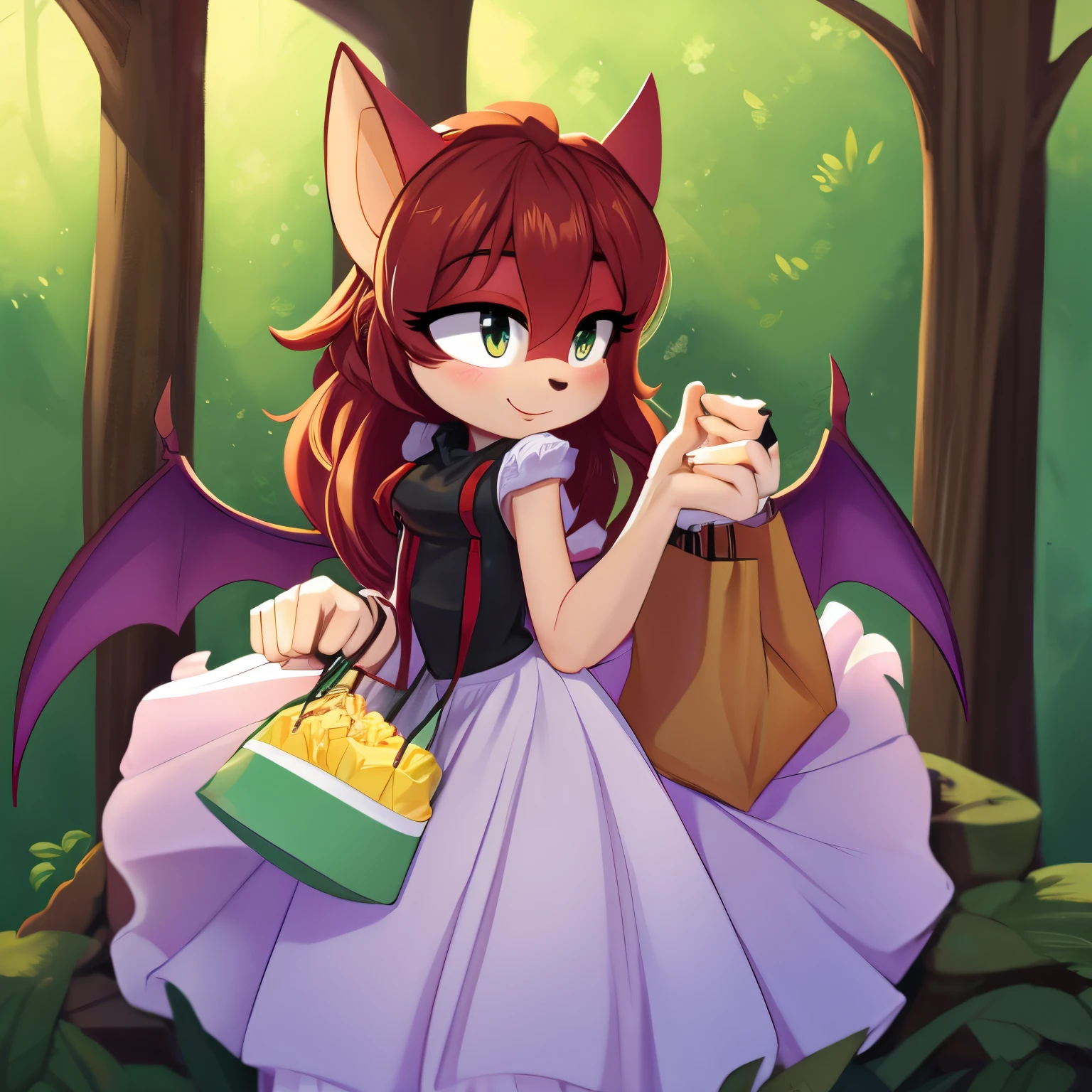Female, Mobian, Bat, Ruby Red fur, selfish, carrying bags of money