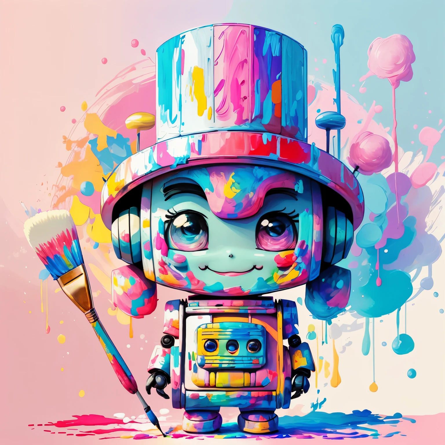 (cute robot smiling with pink hat, paintbrush painting) Munchkin, Geometric multidimensional wall portrait, livro de arte, Tchibi,
Yang08k, Beautiful, Colouring,
Obras, of the highest quality, best quality, Arte Oficial, Beautiful and Aesthetic,