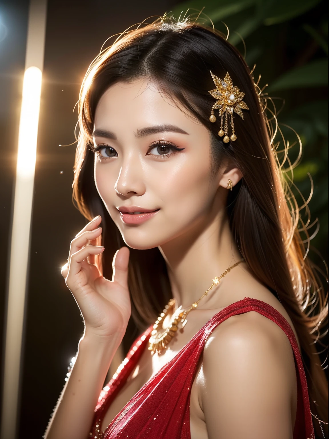 (8K分辨率,Faraway view,Photographs of legultiple women,20yr old,(The facial features of Thai Aump:1.8,Thin skeletal cheeks,s delicate face),com rosto detalhado,Lovely face,com rosto detalhado,详细的脸,Ultra-fine makeup,Black colored eyes,(Look into the camera),Long dark red hair,(Messy has layers),Redlip,Fair ,(Best Skin Type:1.21),mediuml breasts,thighs,((Thai evening dress:Siwalai,Delicate shawl straps,Luxurious ladies' tube dresses),A small number of flower hairpins,Luxurious necklaces and bracelets),Tall and tall,The action of flying kisses,perfect hand,Ultra-fine clothing material),(party,banquet,tropical treelower wall,Exquisite environmental detailhilarated,confident smile,Rejoice,intimacy,Jealoulourish),(profesional lighting,动态照明),((The colors are relatively uniform,Noble sexy,vivaciousness,rays of sunshine(golden colored,red colour,in pink))),(Golden section,Cinema lenses,Dynamic shots,Hasselblad photograp,tmasterpiece:1.3),(adolable,rays of sunshine,vivaciousnesistic,Raised sexy,Celebrity,trendsetting,Folklore,Artis,Art platform)