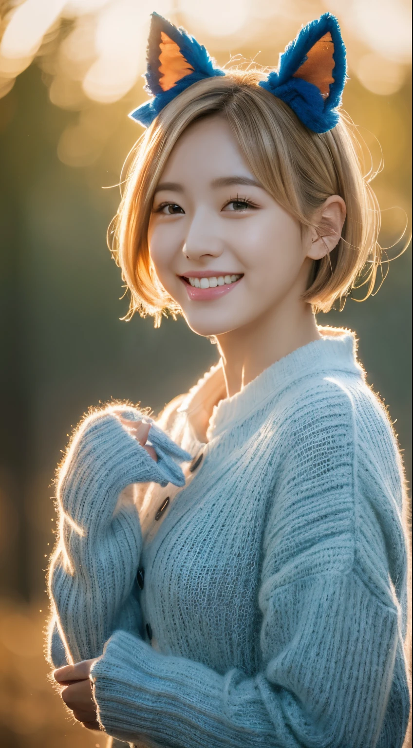 masterpiece, top quality, official art, highly detailed CG unity 8k wallpaper, single girl, ultra high definition, (photorealistic: 1.4), golden hour lighting, sweater dress, (upper body), (Kpop Idol), (charming: 1), (platinum short hair: 0.8), ((puffy eyes)), looking at the viewer, facing forward, smiling, laughing,middle chest, shirt lift, gloves,shorthair, ( blue dog ears),