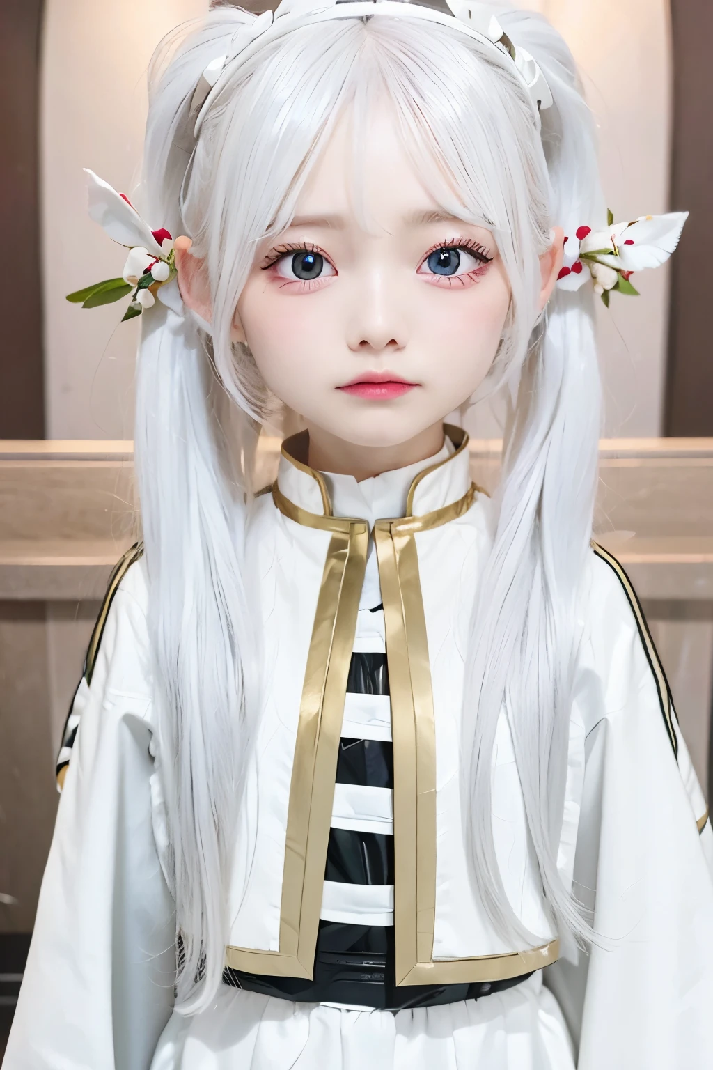 one girl, frieren, white robe, long tied hair, white hair, realistic, ultra detailed, 70 mm lens