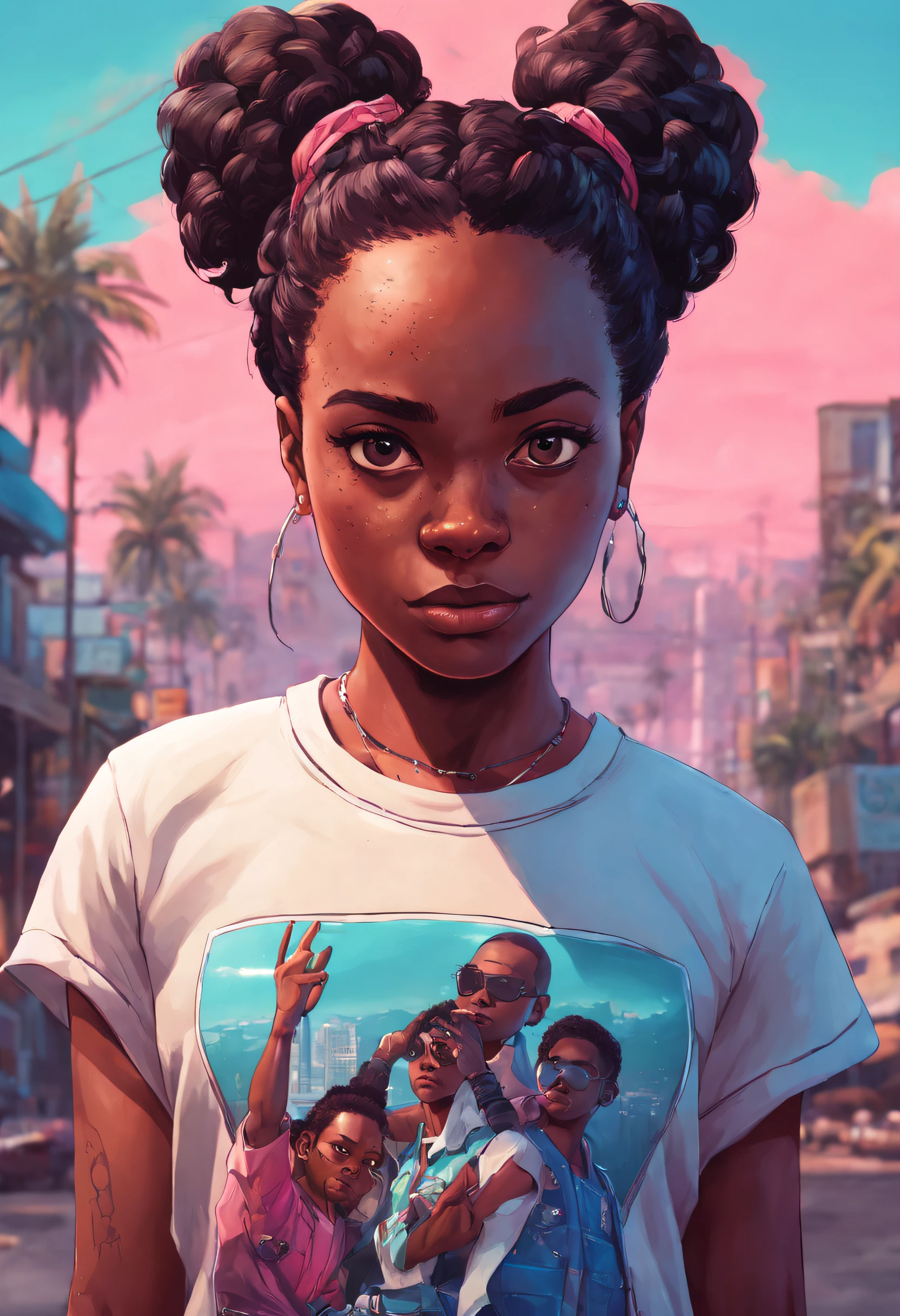 beautiful black girl, Gta vice city, gta 5 cover art, borderlands style, celshading, symmetric highly detailed eyes, trending on artstation, by rhads, andreas rocha, rossdraws, makoto shinkai, laurie greasley, lois van baarle, ilya kuvshinov and greg rutkowski, "breaking bad" or "better call saul".