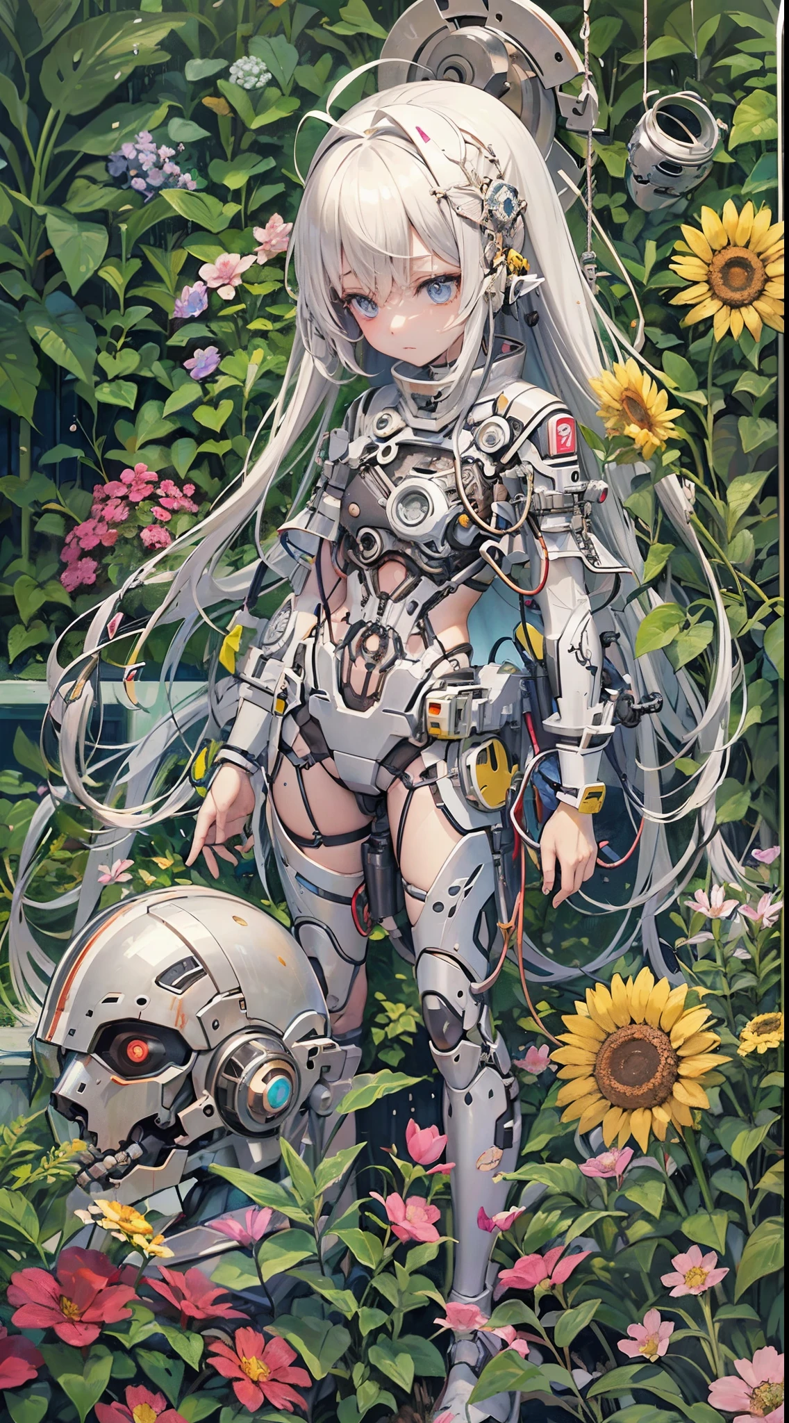 Mechanical anime girl dolls, prosthetic bodies, prosthetic limbs, cables, sleep covered by plants, peace, solemn death, degraded time and space, rainfall, carbonated surfaces, and flowers blooming to fill the gaps.
