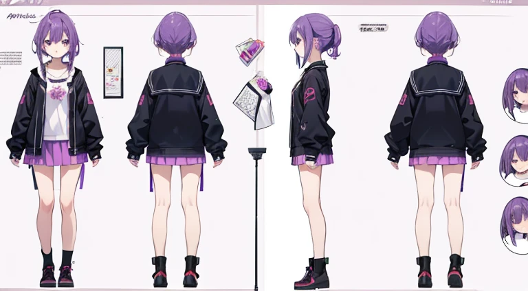 (Best Quality, masutepiece), , 15 yo,Cute, Standing Girl, three view drawing, front, Back and sides, Character Sheet,Full body, Background,Purple hair,a miniskirt,A simply dressed,Longhaire,