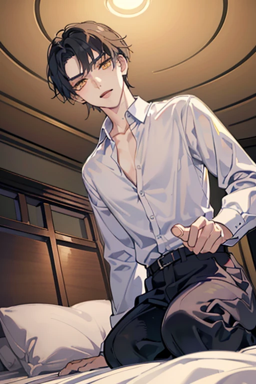1 Boy, dark hair, (white shirt), black slacks, on sheets, Long Sleeve Shirts, kneeling, seiza, Fascinating, evil smile,(parted lips),collarbone, (shoot from below), (from below:2), sunset,(open collar), tsurime, Yellow eyes, (background: on bed in bedroom), high quality, high resolution, masterpiece,