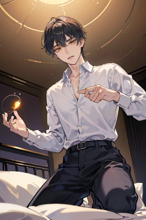 1 Boy, solo, dark hair, (white shirt), black slacks, on sheets, Long Sleeve Shirts, kneeling, seiza, Fascinating, evil smile,(parted lips),collarbone, (shoot from below), (from below:2), sunset,(open collar), tsurime, Yellow eyes, (background: on bed in bedroom), high quality, high resolution, masterpiece,