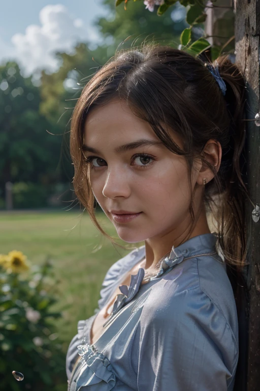 Young girl, short brown hair, purple eyes, Spider-Man 2099 shape, smile, cobweb, lightning, masterpiece, high quality super fine illustration masterpiece, best quality,{beautiful detailed eyes},1girl finely detail Depth of field, 4k wallpaper, cumulus, wind, insanely detailed frills, extremely detailed lace,BLUE SKY,very long hair,Slightly open mouth,high ponytail,silver hair,small Breasts,cumulonimbus capillatus,slender waist,There are many scattered luminous petals,Hidden in the light yellow flowers,Depth of field,She bowed her head in frustration,Many flying drops of water,Upper body exposed,Many scattered leaves,branch ,angle ,contour deepening,cinematic angle ,{{{Classic decorative border}}},Potrait of a girl