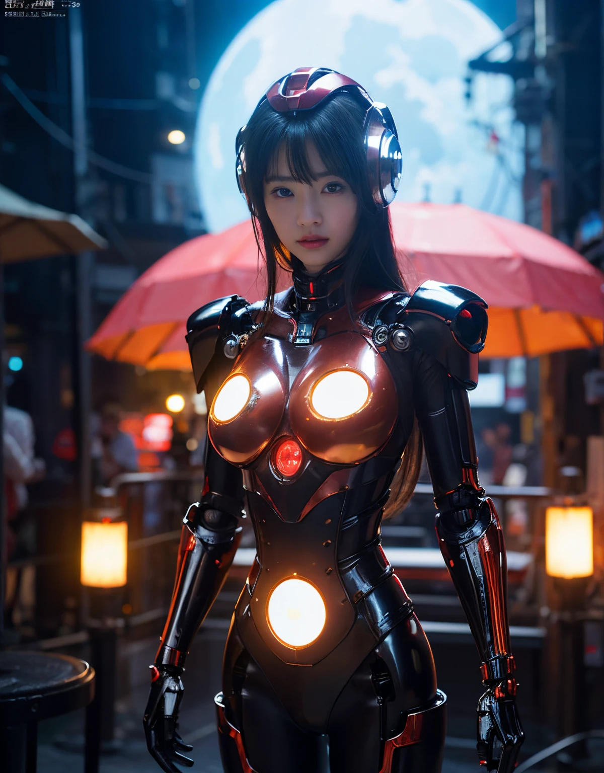 (1 Mechanical Girl)、(Mystical expression)、top-quality、masterpiece、超A high resolution、(Photorealsitic:1.4)、Raw photo、女の子1人、glowy skin、(((1 Mechanical Girl)))、(Red Metal Bodysuit)、(alien background、futuristic alien background)、(Small LED)、((super realistic details))、vertical giant monster background),globalillumination、Shadow、octan render、8K、ultrasharp、Robot background、Colossal tits、Raw skin exposed in the cleavage、red metal、Details of complex ornaments、Japan details、highly intricate detail、Realistic light、(Mystical expression),CG Society Trenlow Eyes、Eyes shining towards the camera、Mechanical marginal blood vessels connected to neon detail tubes)、(Wires and cables connecting to the head)、Small LED、,Mechanical thighs、Toostock、(Hands are also made of machines)、机器人、future alien、Please wear a mechanical helmet、