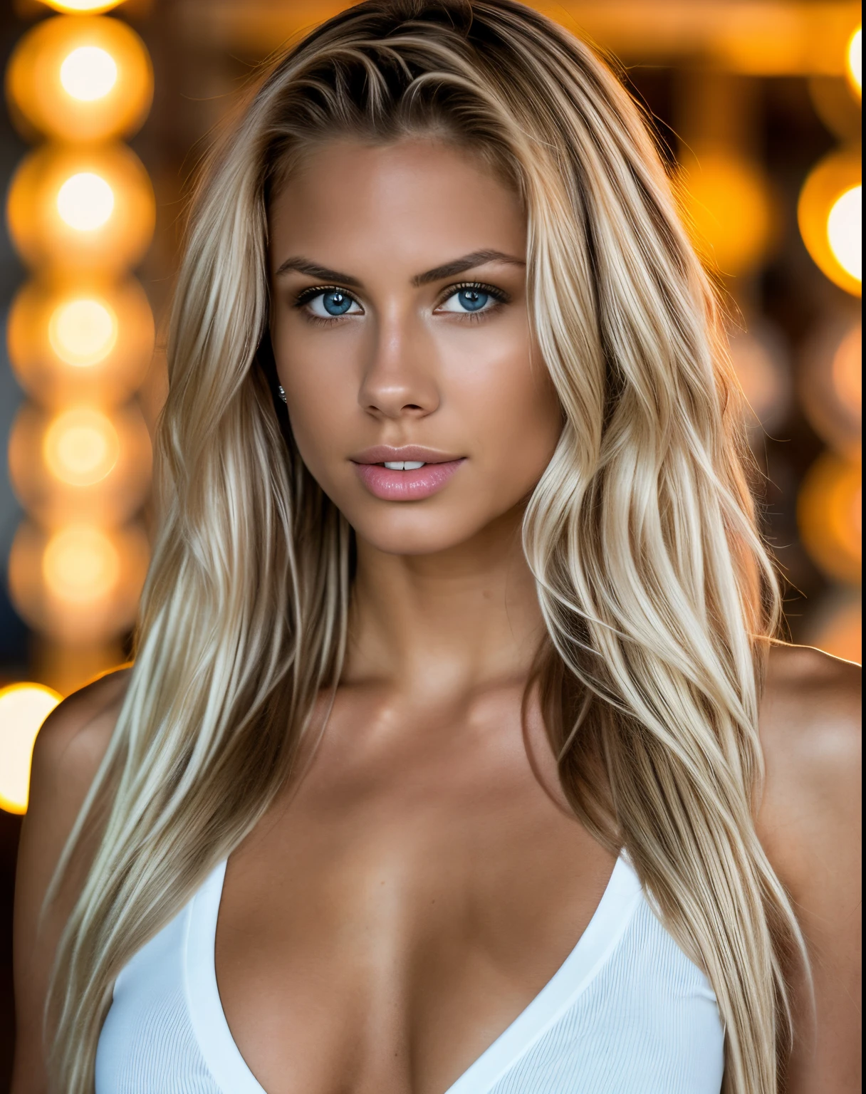 photoshoot of a model, natural light, professional,(full body), (4k photo:1.1) (Sharp focus:1.3), high detail, beautiful detailed face, hazel eyes, long blonde hair, (attractive young woman:1.3), (seductive:1.1), (blushing:1.1), hourglass body shape, one girl, In blue, (standing in a night club).