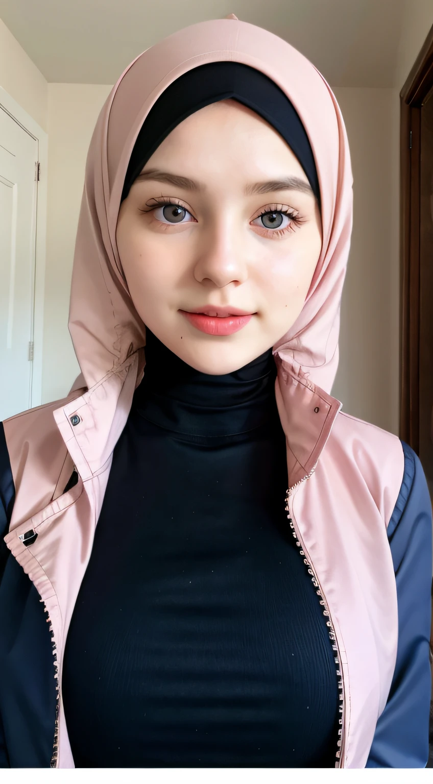 1 Girl, Beautiful, Russian , 28 Years Old, White Skin, pink Hijab with navy blue long shirt and pink Jacket, Big Chest, looking to the camera, bedroom Background, Wind))