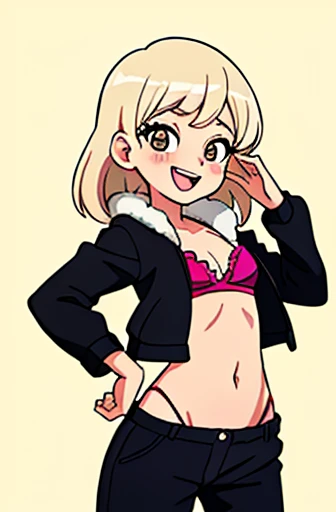 ((Obra maestra, La mejor calidad, Ultra detallado))), (插圖), (hermosos ojos detallados), ((cara detallada muy linda)), (1girl), (solamente),(lleno_ cuerpo),Chica_anime_en_cuerpo_completo_con_Uno_Frilled_bikini_blanco_y_brown_chaqueta,(cabello)largo_cabello_rubio(BLONDE CHILD girl)_cabello_derriere_luz, derriere, ((They are smiling))(pose genial), dibujo agresivo, mostrando el trasero, ((),,semidesnudo,sexy, niples, ,(Arte digital)vectorial_arte, estilo trcoot,artee_de_vectores, minimalista, rojo_monocromatic, (vivas) Vivido_energico, divertido y emocionante, exquisita, magazine style