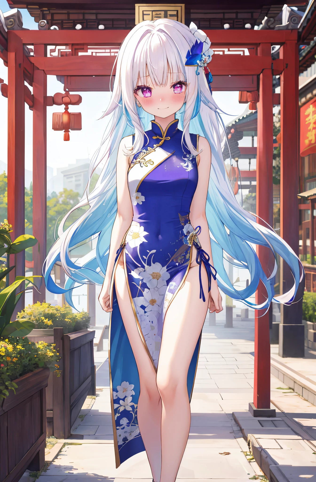 One girl with long hair, white hair, (blue inner hair:1.25) , purple eyes, looking at viewer, blushing, embarrassed, little smile, (embarrassed:1.2), chinese dress, flower pattern, sleeveless, outdoor, festival, temple, slim, dizzy, mid-chest, wide hips, perfect waist, day atmosphere, hair ornament, bare legs