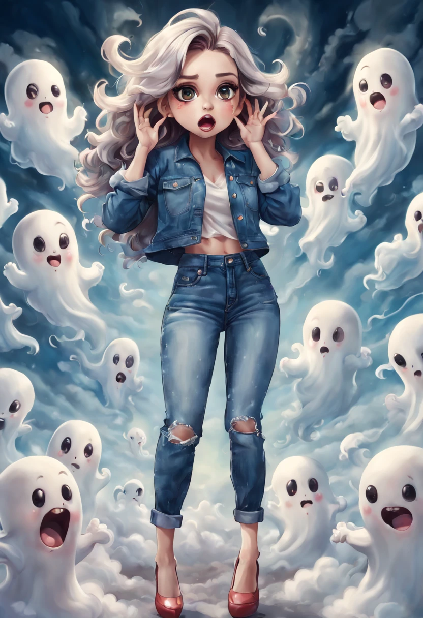 Photorealistic chibi art style, a beautiful woman in jeans and high heels, facing the viewers pretending to be scared, both hands on face, artistic, artist, volumtric light background, swirling clouds, ColorART, many cute ghosts with tongues out, chibi,