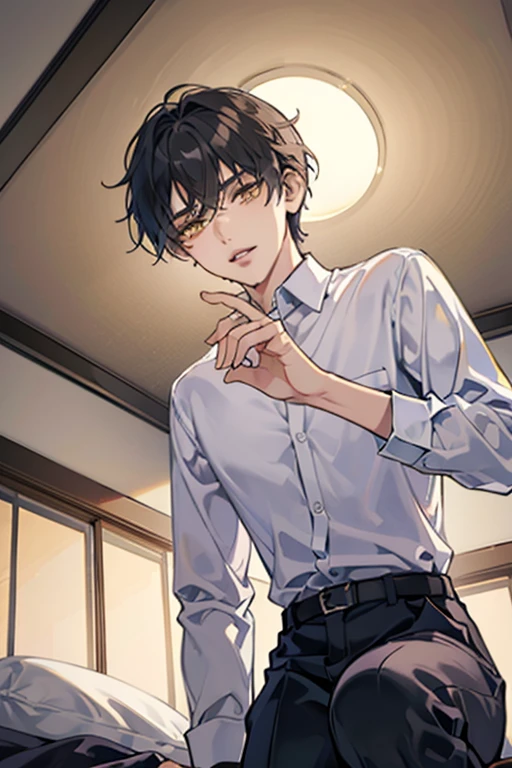 1 Boy, solo, dark hair, (white shirt), black slacks, on sheets, Long Sleeve Shirts, kneeling, seiza, cool, (sexy:1.3), Fascinating, evil smile,(parted lips),collarbone, (shoot from below), (from below:2), sunset,(open collar), tsurime, Yellow eyes, (background: on bed in bedroom), high quality, high resolution, masterpiece,