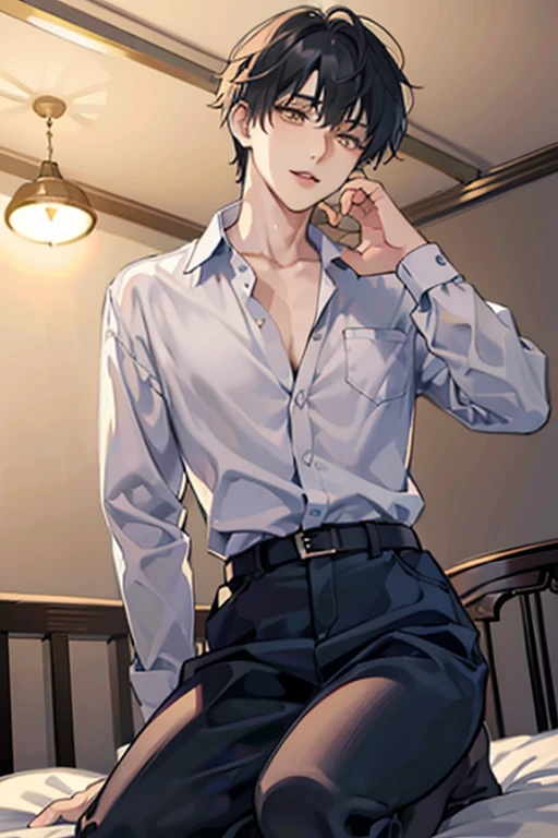 1 Boy, solo, dark hair, (white shirt), black slacks, on sheets, Long Sleeve Shirts, kneeling, seiza, cool, (sexy:1.3), Fascinating, evil smile,(parted lips),collarbone, (shoot from below), (from below:2), sunset,(open collar), tsurime, Yellow eyes, (background: on bed in bedroom), high quality, high resolution, masterpiece,