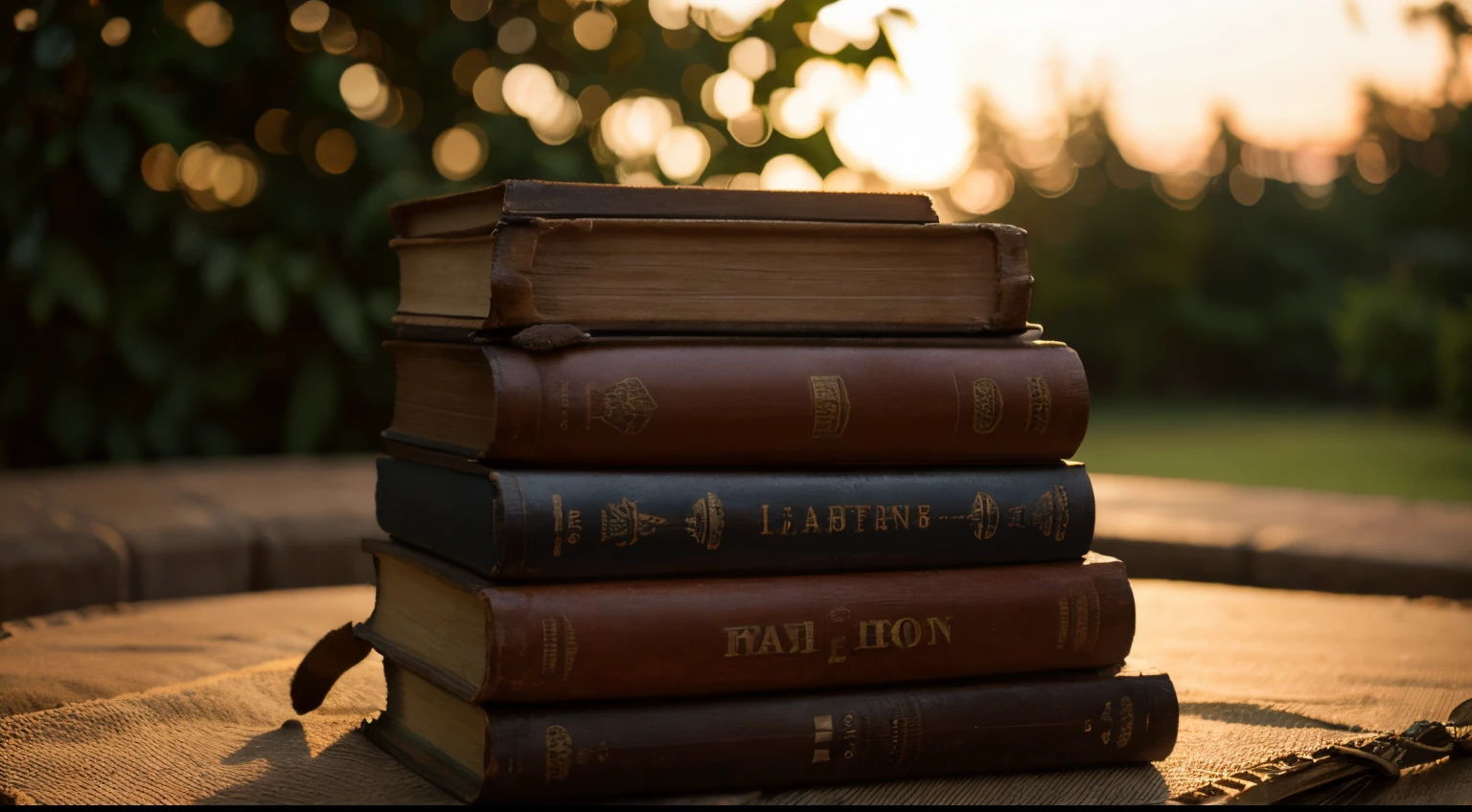 Pile of vintage books in evening sun bokeh