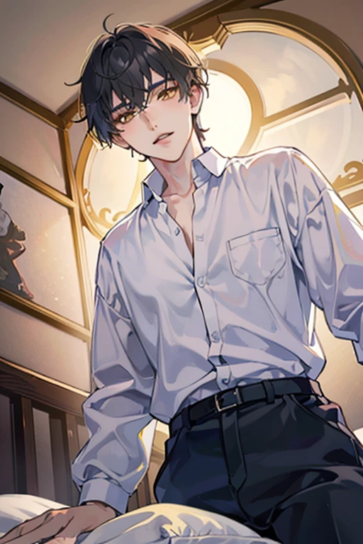 1 Boy, dark hair,Gakuran, (white shirt), black slacks, on sheets, Long Sleeve Shirts, Fascinating, evil smile,(parted lips),collarbone, (shoot from below), sunset,(open collar), tsurime, Yellow eyes, (background: on bed in bedroom), high quality, high resolution, masterpiece,