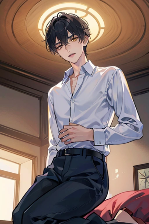 1 Boy, solo, dark hair, (white shirt), black slacks, on sheets, Long Sleeve Shirts, kneeling, seiza, cool, (sexy:1.3), Fascinating, evil smile,(parted lips),collarbone, (shoot from below), (from below:2), sunset,(open collar), tsurime, Yellow eyes, (background: on bed in bedroom), high quality, high resolution, masterpiece,
