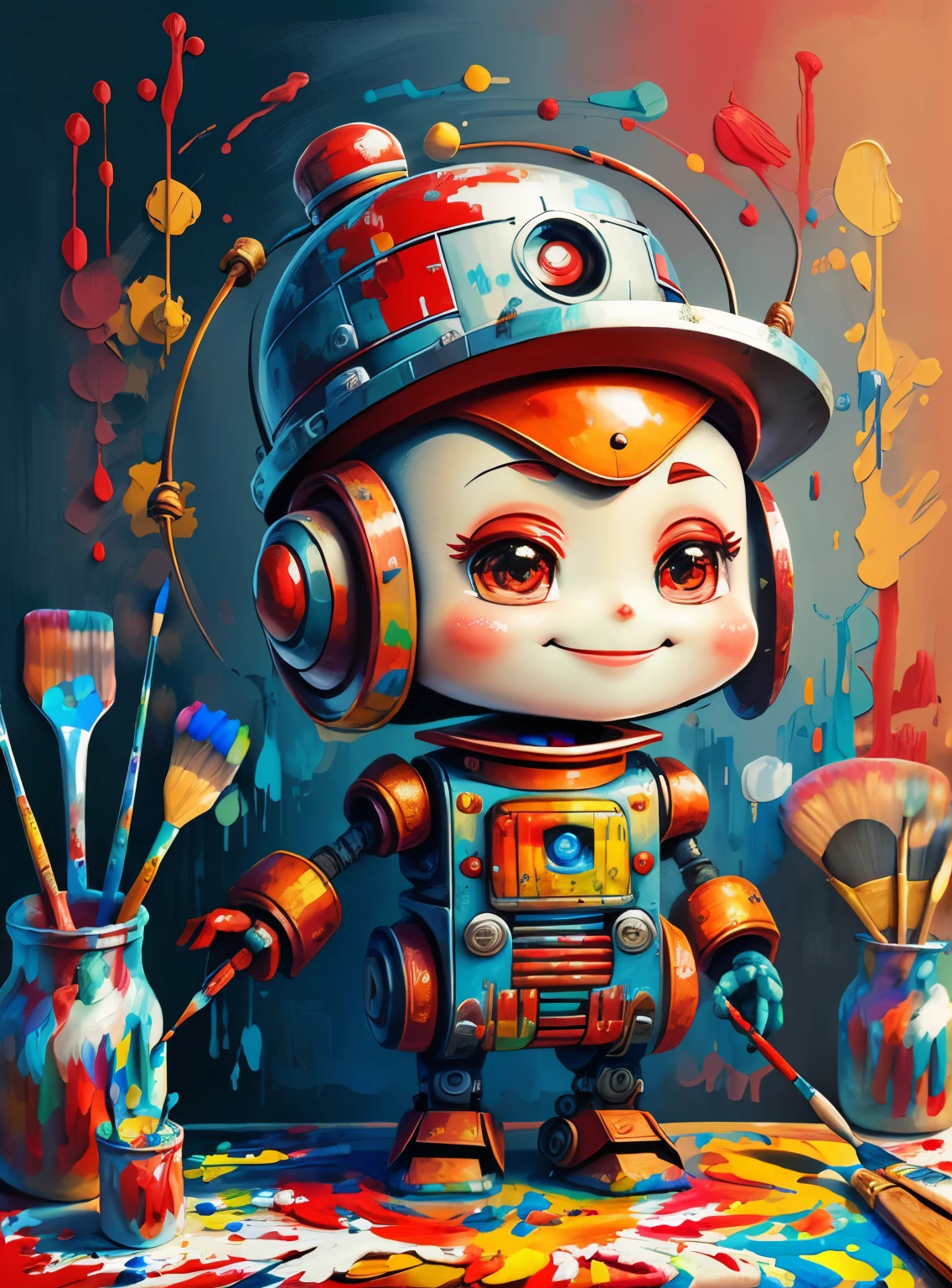 (cute robot smiling with red hat, paintbrush painting) Munchkin,Geometric multidimensional wall portrait, livro de arte, Tchibi,
Yang08k, Beautiful, Colouring,
Obras, of the highest quality, best quality, Arte Oficial, Beautiful and Aesthetic,