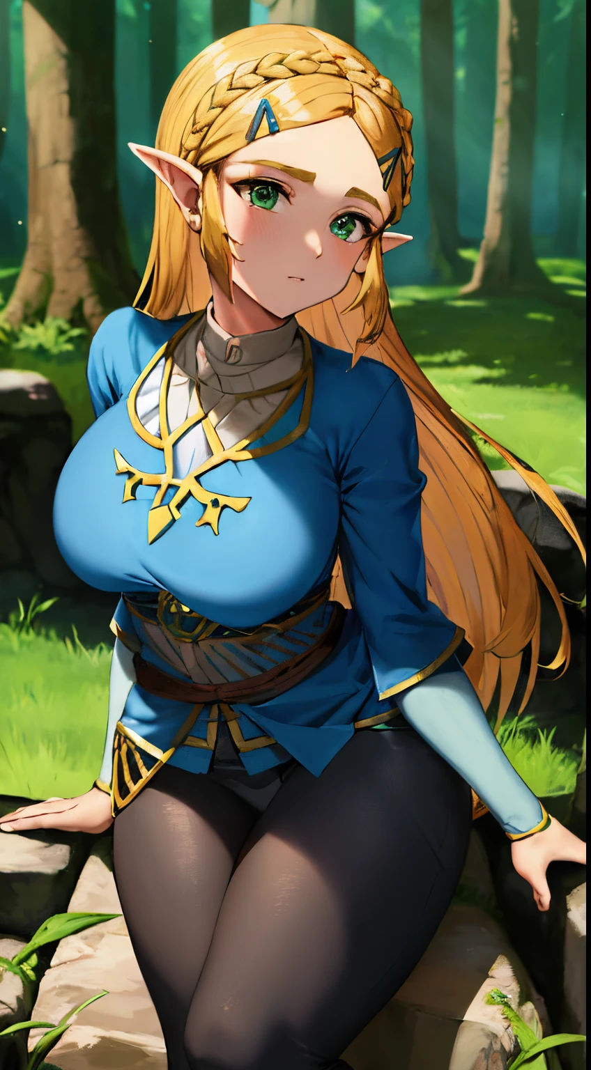 『The Legend of Zelda』A masterpiece that expresses Princess Zelda in the highest quality....., Breath of the Wild, Solo portrait of one girl with ample breasts, Shine inspired by Nintendo, The stage is in a bright forest, Blue jacket, large brown belt around the waist, Blue loincloth, Brown boots, Black leather pants, White inner, Leaning forward, close up of face