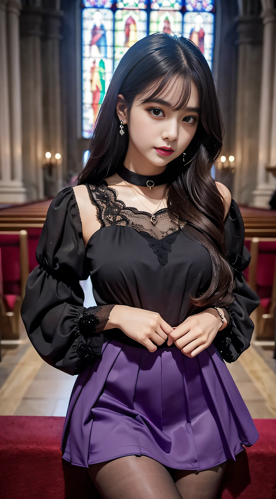 LTRA Details、Fascinating beauty、Dainty woman、Cool Girl、Wavy Hair、Black chiffon dress、Wide sleeves、flered skirt、Black pantyhose、Evil Female Executive、Evil Fall、brainwash、lacy fabric、Glossy legs、black lipstick、Evil look、Suspicious look、Hollow eyes、wicked、Reaching out、Arms up、In the Church、Palm forward、Purple Lipstick、Pendants