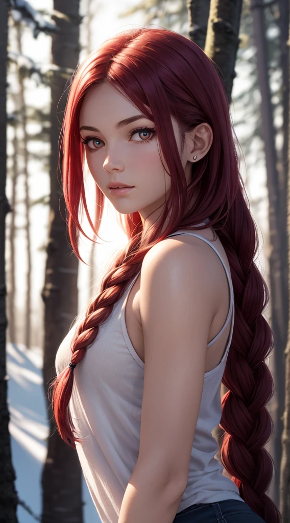 RAW, professional photograph, medium shot, photorealistic, realistic lights, realistic shadows, hyper-realistic, ray tracing, super detail, UHD, 8k, female, twenty years old, athletic body, soft facial features, long braided hair, viking hairstyle, straight hair, crimson hair, crimson eyes, viking clothing, forest in winter