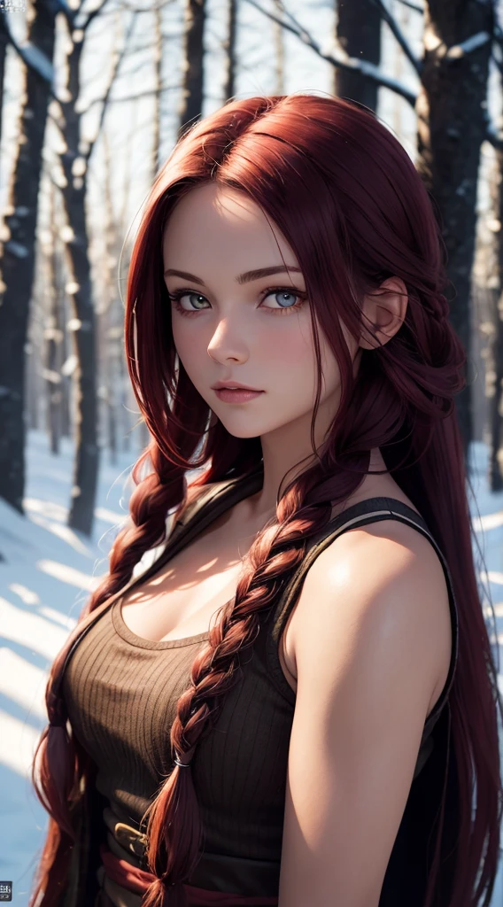 RAW, professional photograph, medium shot, photorealistic, realistic lights, realistic shadows, hyper-realistic, ray tracing, super detail, UHD, 8k, female, twenty years old, athletic body, soft facial features, long braided hair, viking hairstyle, straight hair, crimson hair, crimson eyes, viking clothing, forest in winter