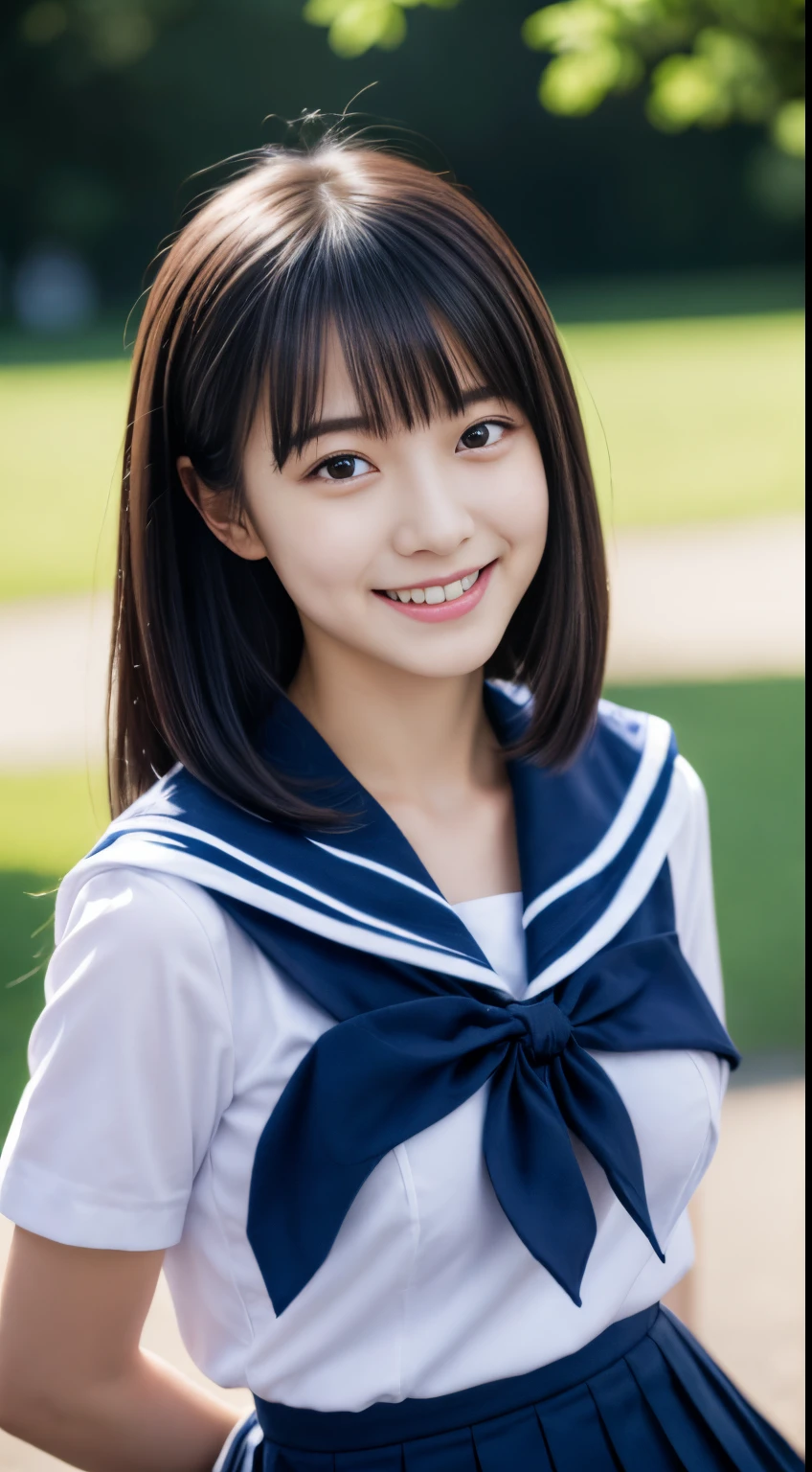 Close up of woman posing for photo,  japanese model model, 16-year-old female model,  4K、bangss、A dark-haired、bobhair、Middle hair、Straight hair、(white  shirt, Sailor School Uniform, Dark blue pleated skirt:1.2),　(Super cute face in idol style:1.2)、full bodyesbian:1.５、slim and beautiful figure、beutiful breast、A smile、full body Esbian:1.5、The background is an empty park、Beautiful legs、sexy  pose、Erotic Poses、white sock、White sneakers、Dancing:1.２,